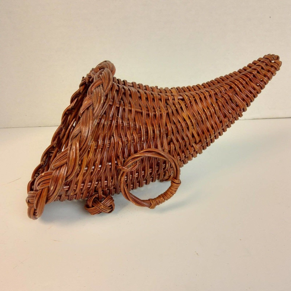 Small Whicker Cornucopia Basket Vintage Dark Brown Thanksgiving Horn Of Plenty